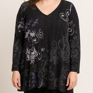 Chico’s Easywear Stretch Floral Print Top Size 3 XL Women Black Silver V‑Neck